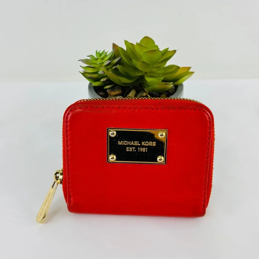 Michael Kors Bifold Zip Around Wallet Coin Pocket Orange Pebble Leather
